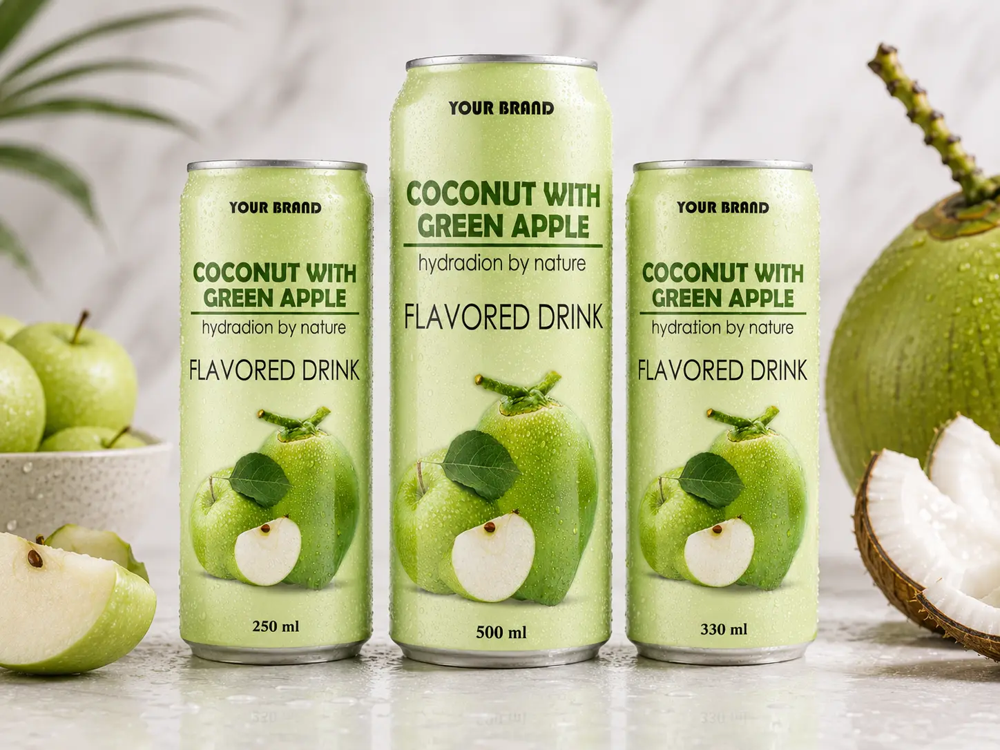 COCONUT FLAVORED DRINK green apple flavour shown in 250ml, 500ml, and 330ml cans.